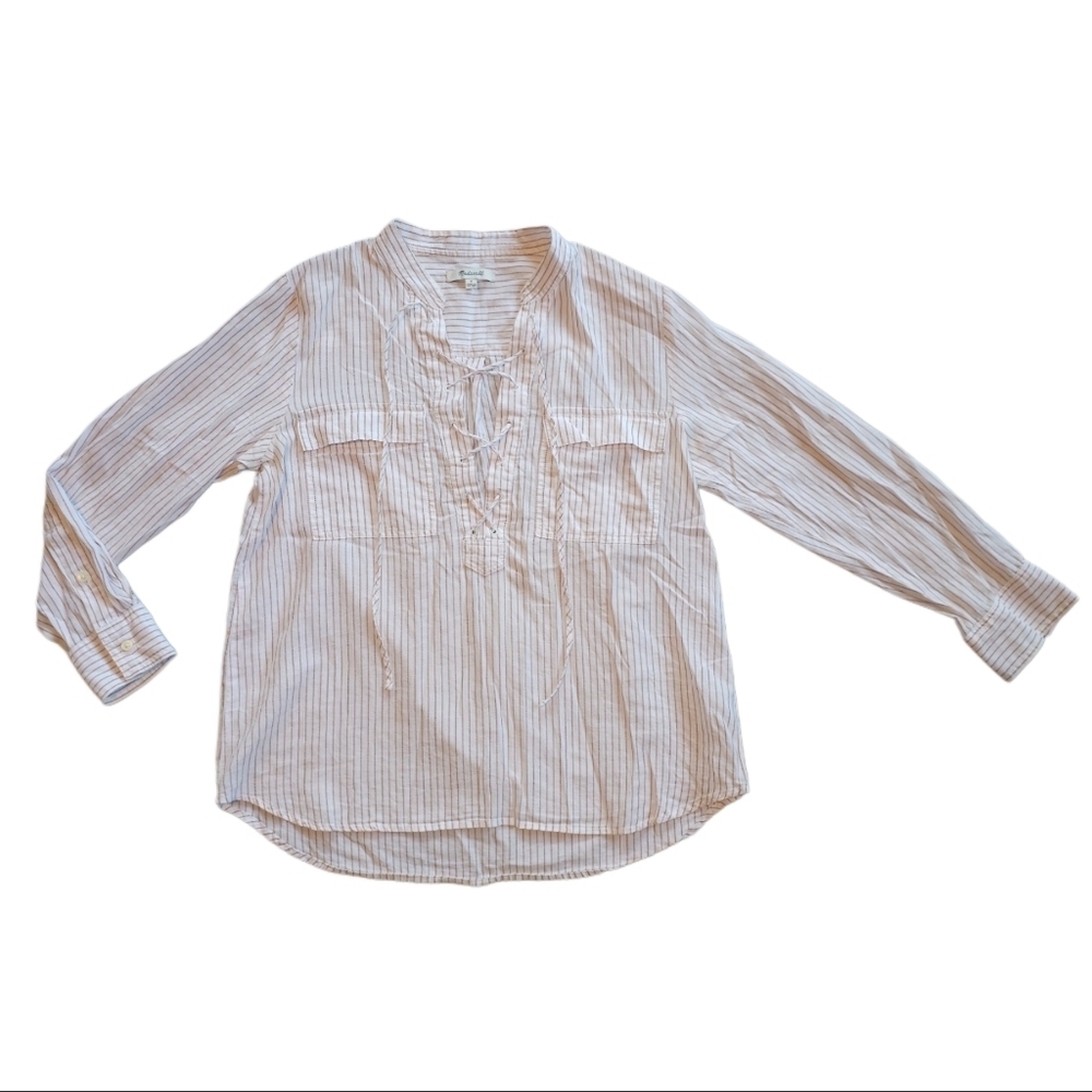 Madewell V Neck Stripe Lace Front Blouse White Beige Small